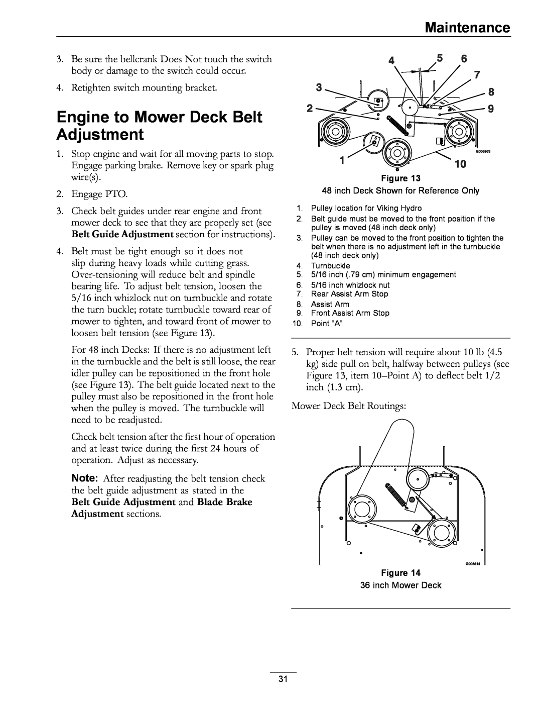 Exmark 4500-355 Engine to Mower Deck Belt Adjustment, Maintenance, inch Deck Shown for Reference Only, inch Mower Deck 
