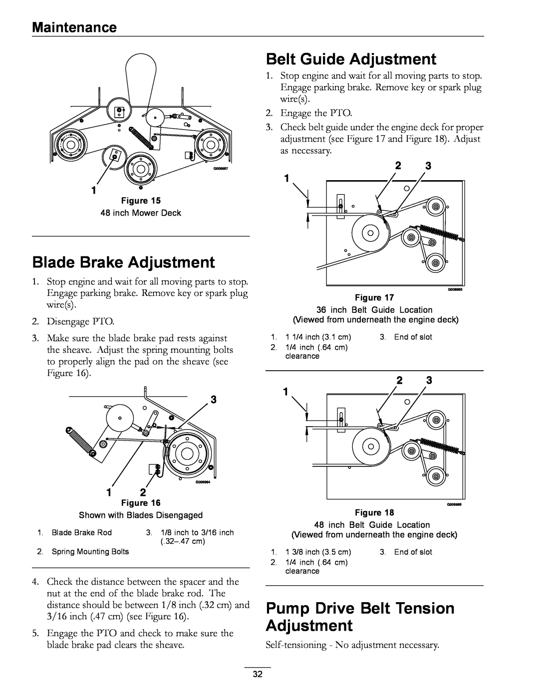 Exmark 4500-355 manual Blade Brake Adjustment, Belt Guide Adjustment, Pump Drive Belt Tension Adjustment, Maintenance 