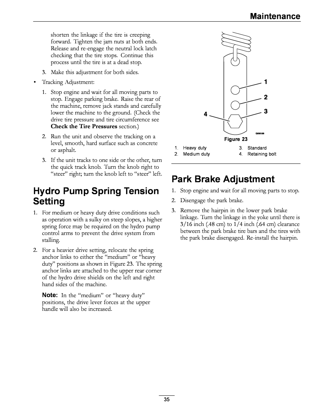 Exmark 4500-355 manual Hydro Pump Spring Tension Setting, Park Brake Adjustment, Maintenance 