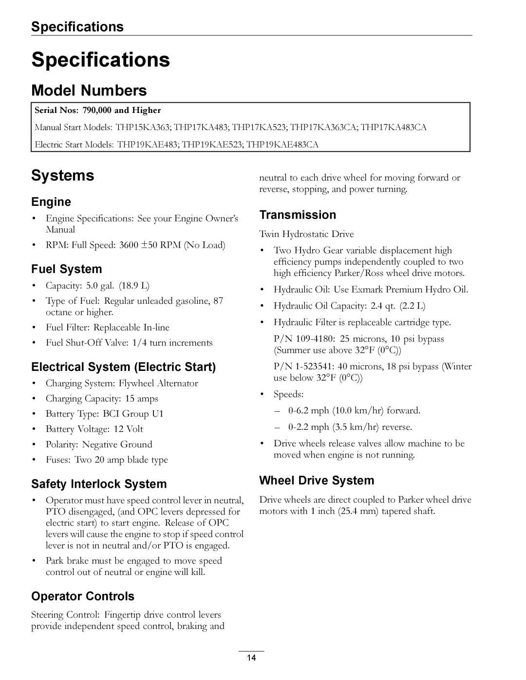 Exmark 4500-358 manual Specifications, Model Numbers, Systems 