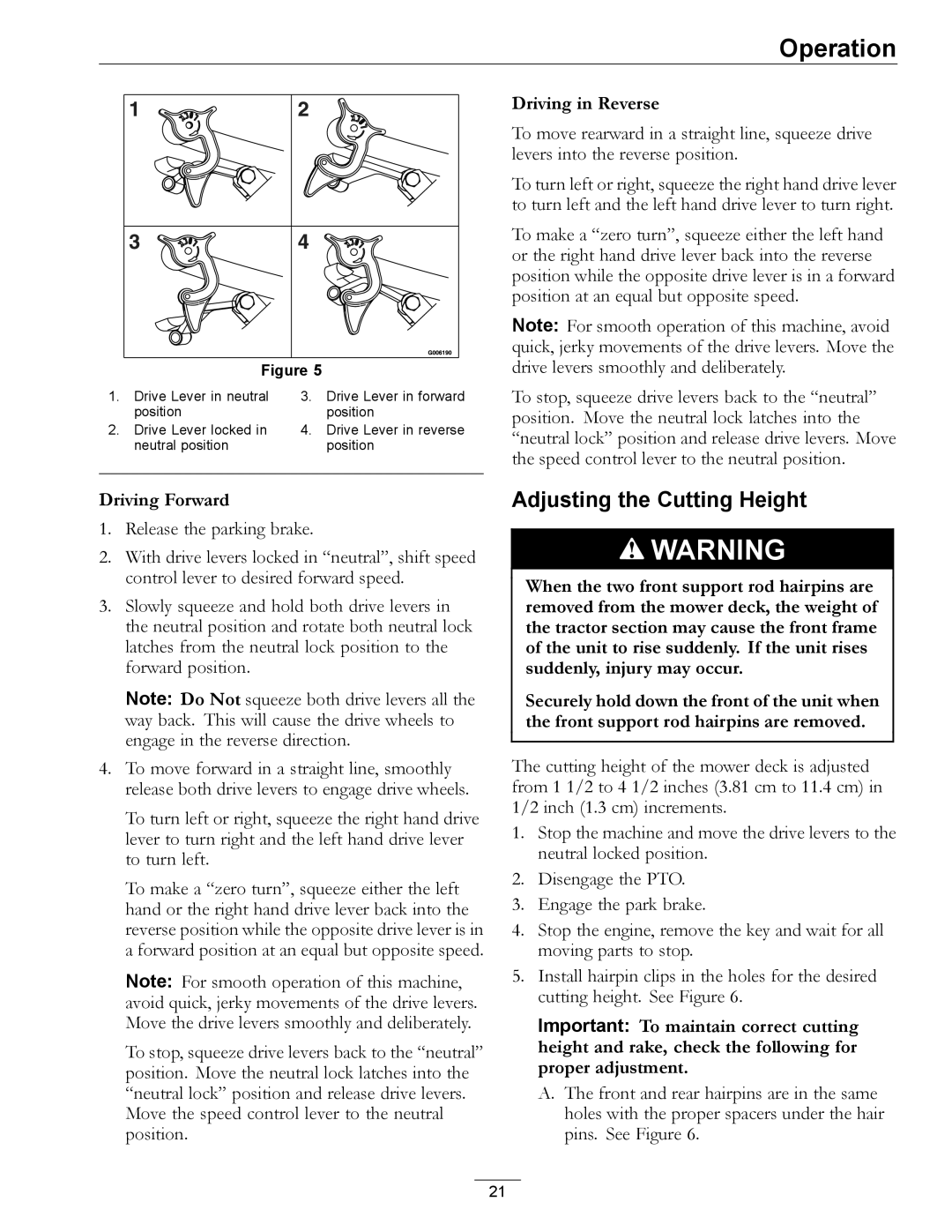 Exmark 4500-358 manual Adjusting the Cutting Height, Driving Forward 