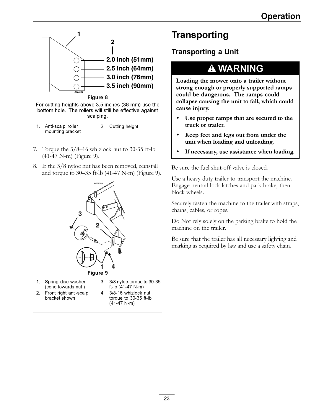 Exmark 4500-358 manual Transporting a Unit 