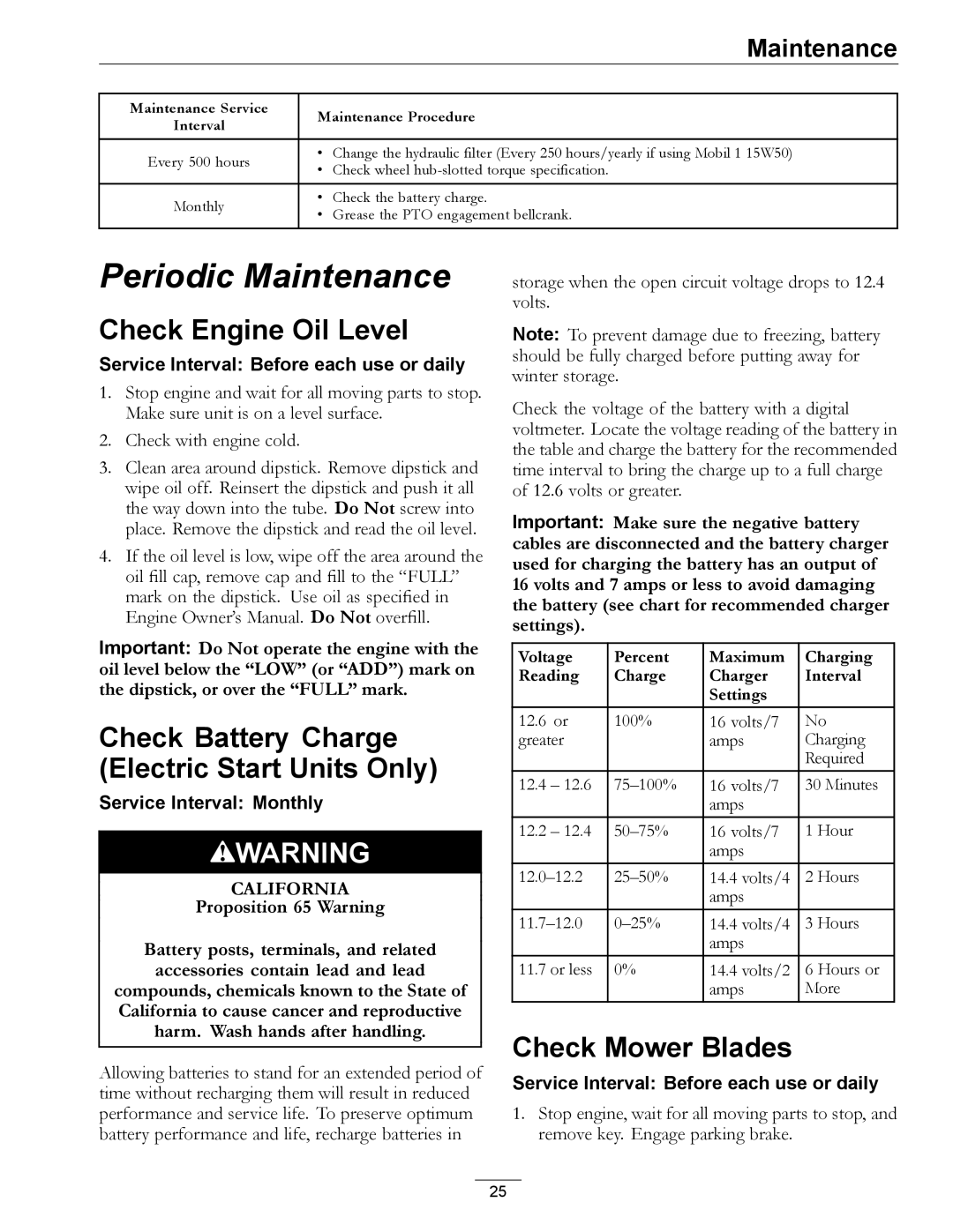 Exmark 4500-358 manual Check Engine Oil Level, Check Battery Charge Electric Start Units Only, Check Mower Blades 