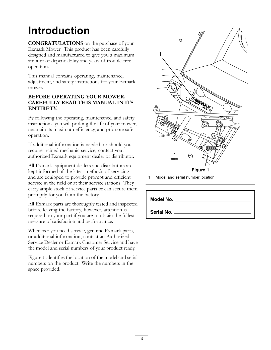 Exmark 4500-358 manual Introduction 