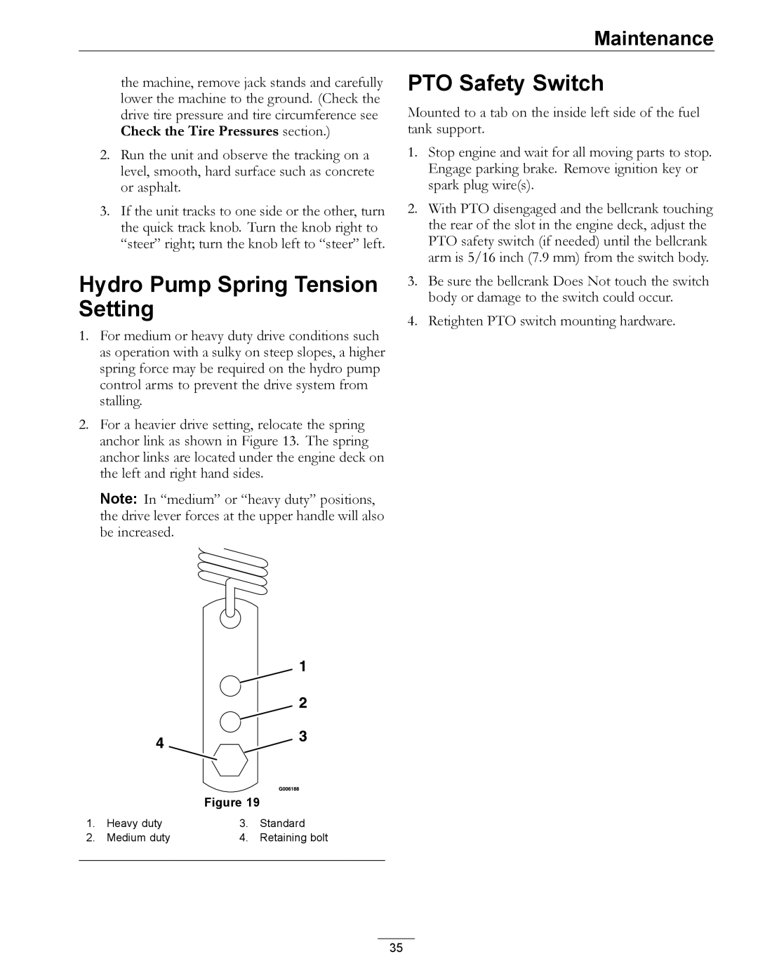 Exmark 4500-358 manual Hydro Pump Spring Tension Setting, PTO Safety Switch 