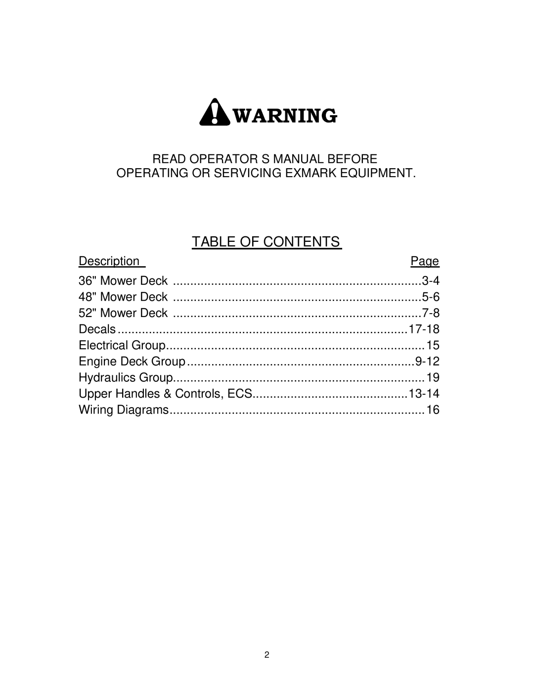 Exmark 4500-359 manual Table of Contents 