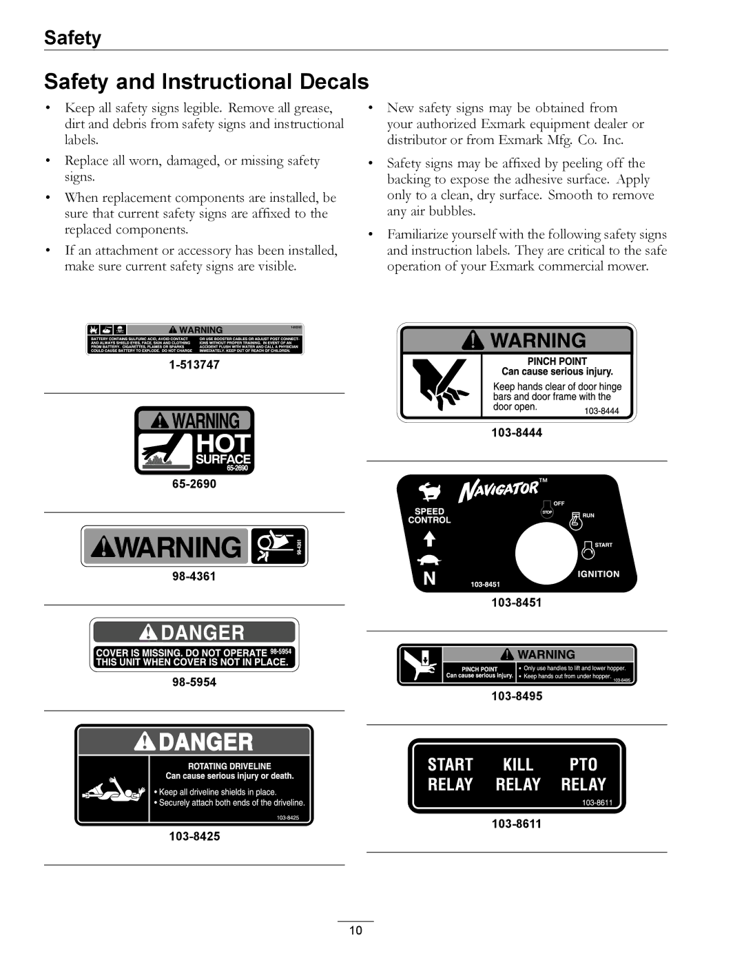 Exmark 4500-367 manual Safety and Instructional Decals 