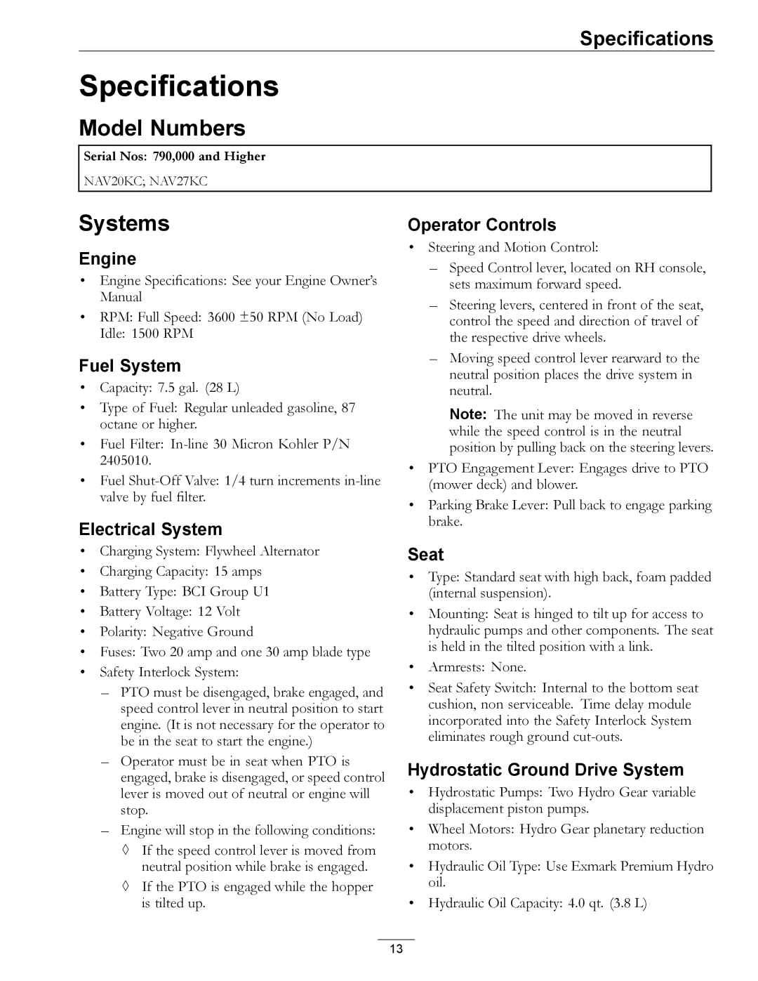 Exmark 4500-367 manual Specifications, Model Numbers, Systems 