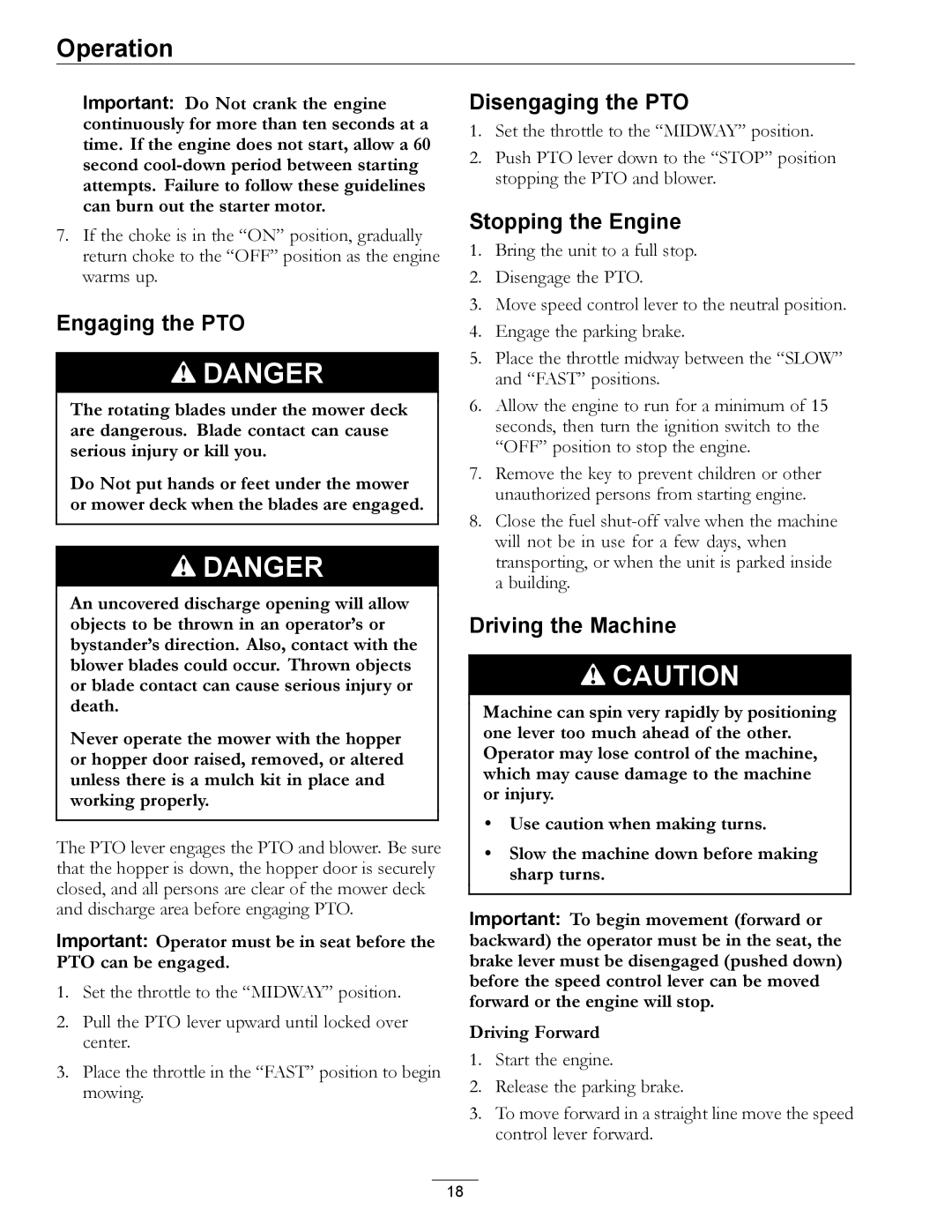 Exmark 4500-367 manual Engaging the PTO, Disengaging the PTO, Stopping the Engine, Driving the Machine 