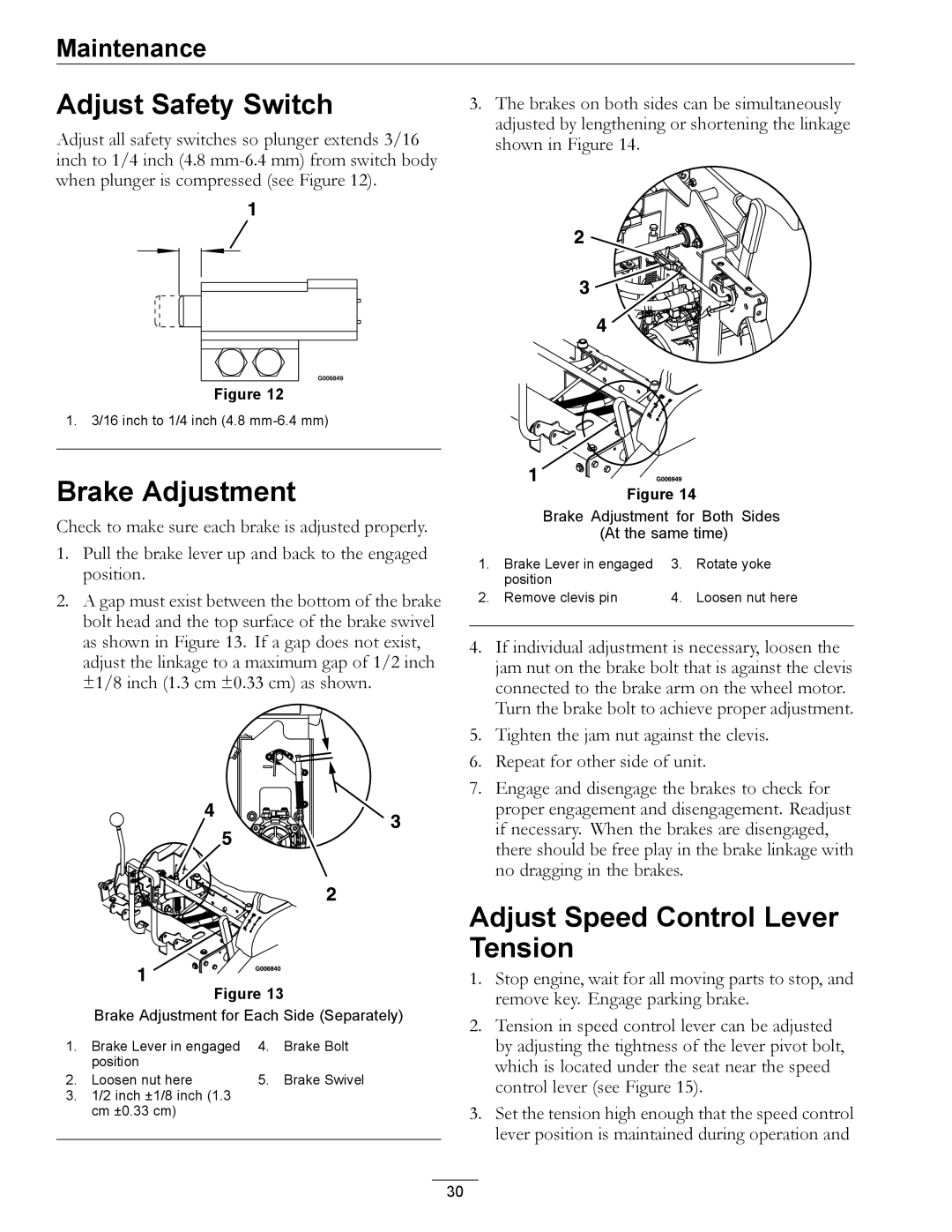 Exmark 4500-367 manual Adjust Safety Switch, Brake Adjustment, Adjust Speed Control Lever Tension 