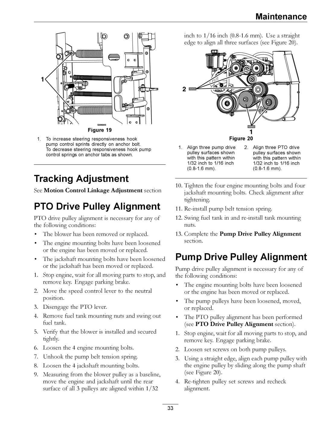 Exmark 4500-367 manual Tracking Adjustment, PTO Drive Pulley Alignment, Pump Drive Pulley Alignment 