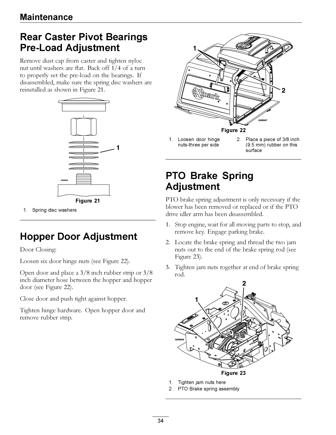 Exmark 4500-367 manual Rear Caster Pivot Bearings Pre-Load Adjustment, Hopper Door Adjustment, PTO Brake Spring Adjustment 