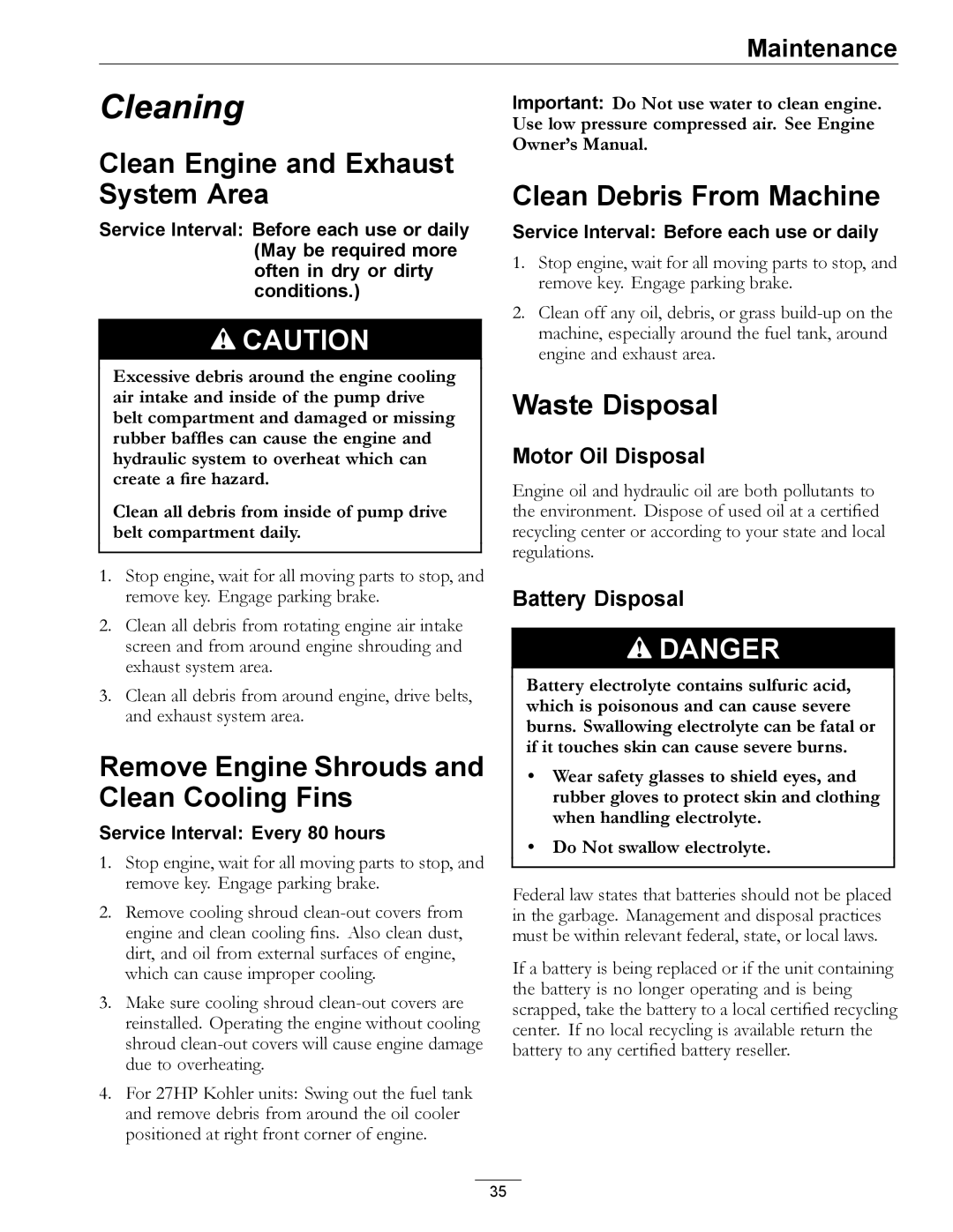 Exmark 4500-367 manual Clean Engine and Exhaust System Area, Remove Engine Shrouds and Clean Cooling Fins, Waste Disposal 