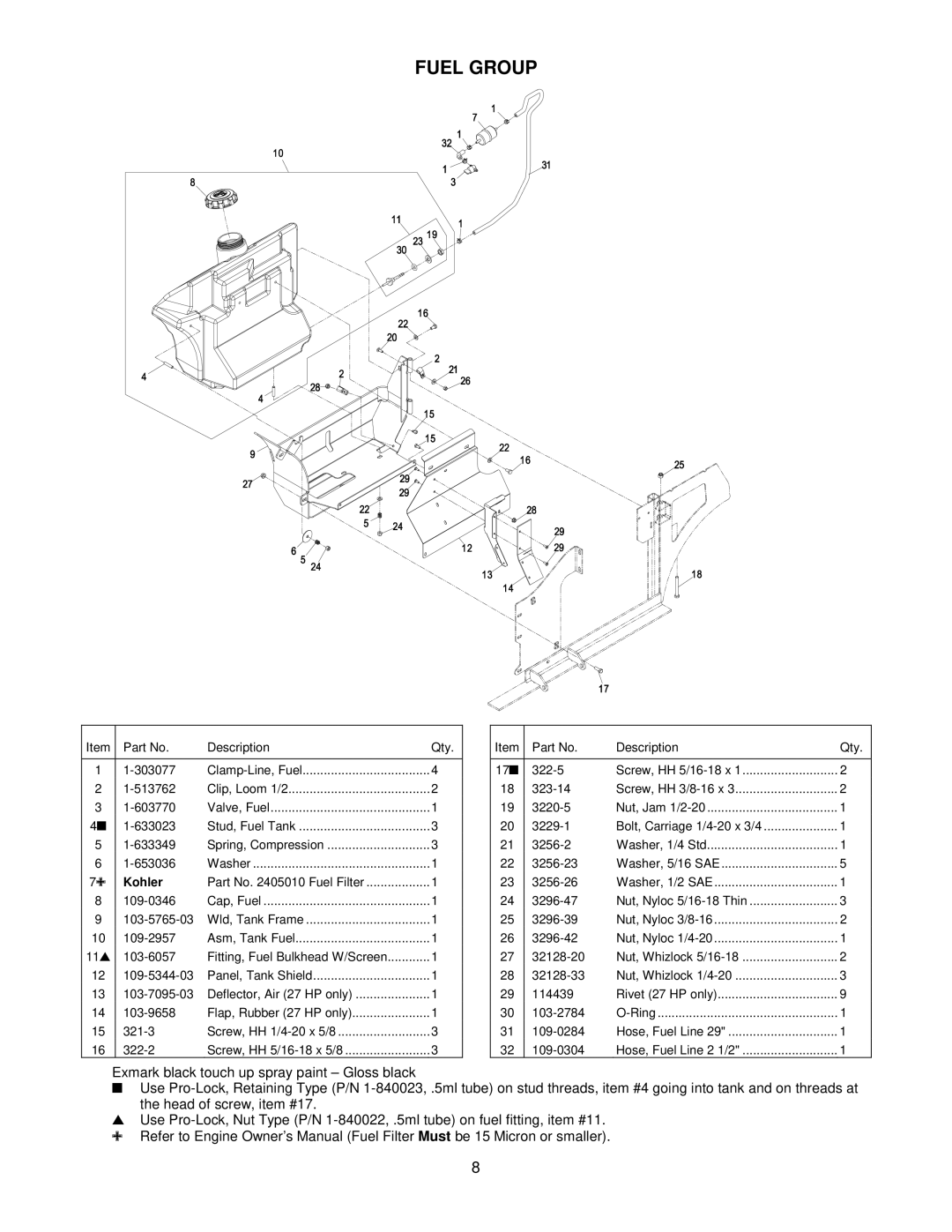 Exmark 4500-368 manual Fuel Group, Kohler 