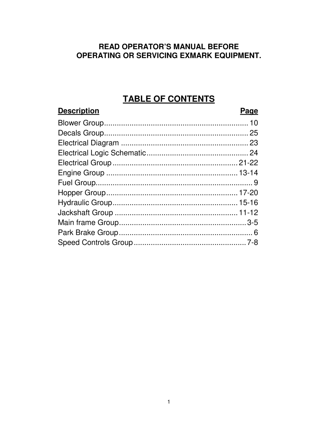 Exmark 4500-368 manual Table of Contents 