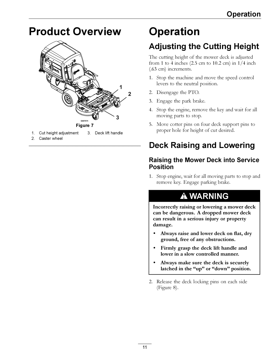 Exmark 4500-370 manual Product Overview, Operation, Adjusting the Cutting Height, Deck Raising and Lowering 