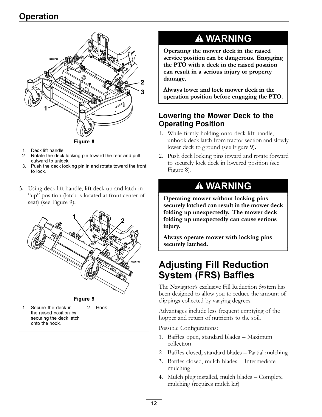 Exmark 4500-370 manual Adjusting Fill Reduction System FRS Baffles, Lowering the Mower Deck to the Operating Position 