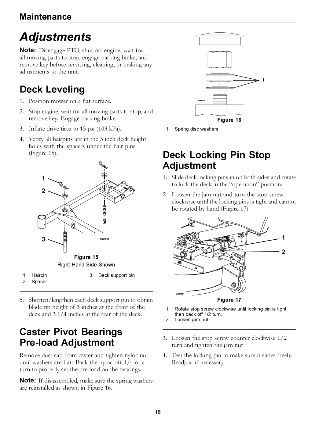 Exmark 4500-370 manual Deck Leveling, Deck Locking Pin Stop Adjustment, Caster Pivot Bearings Pre-load Adjustment 