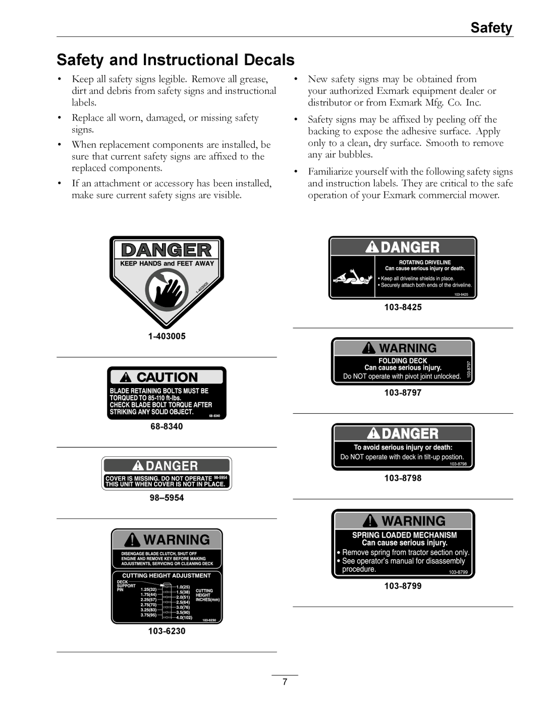 Exmark 4500-370 manual Safety and Instructional Decals 