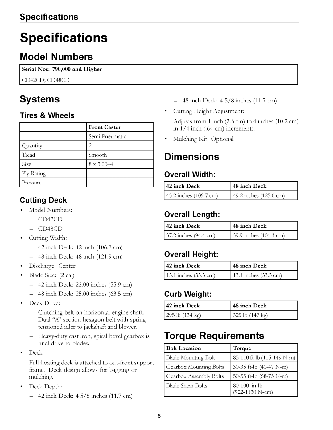 Exmark 4500-370 manual Specifications, Model Numbers, Systems, Dimensions, Torque Requirements 