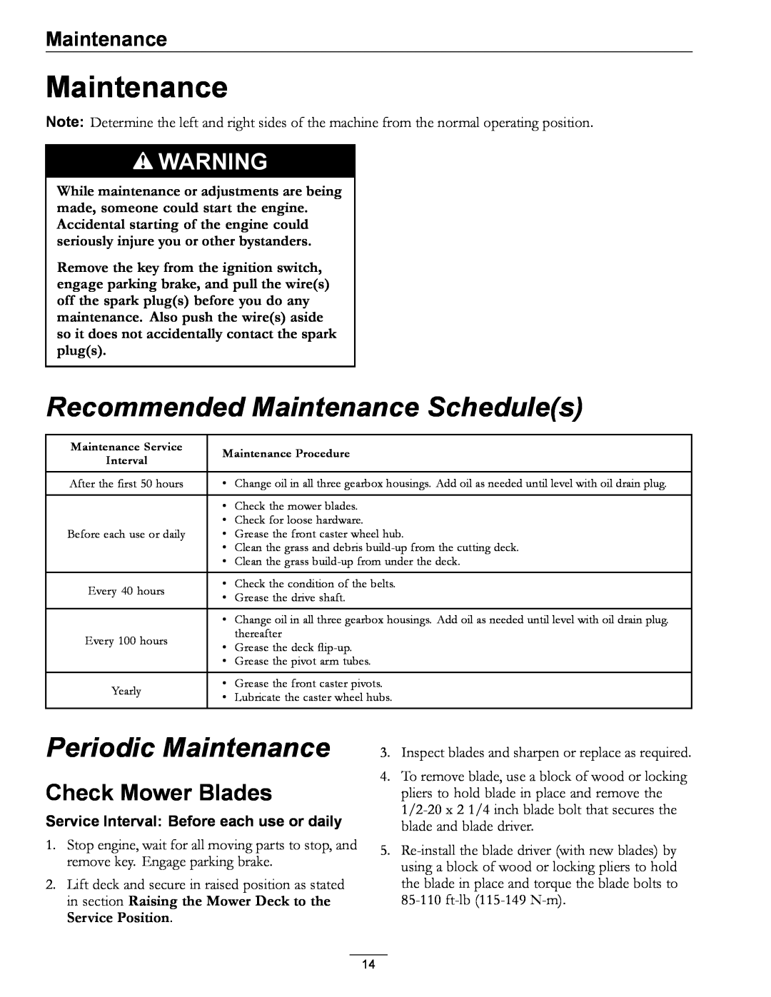 Exmark 4500-370 manual Recommended Maintenance Schedules, Periodic Maintenance, Check Mower Blades 