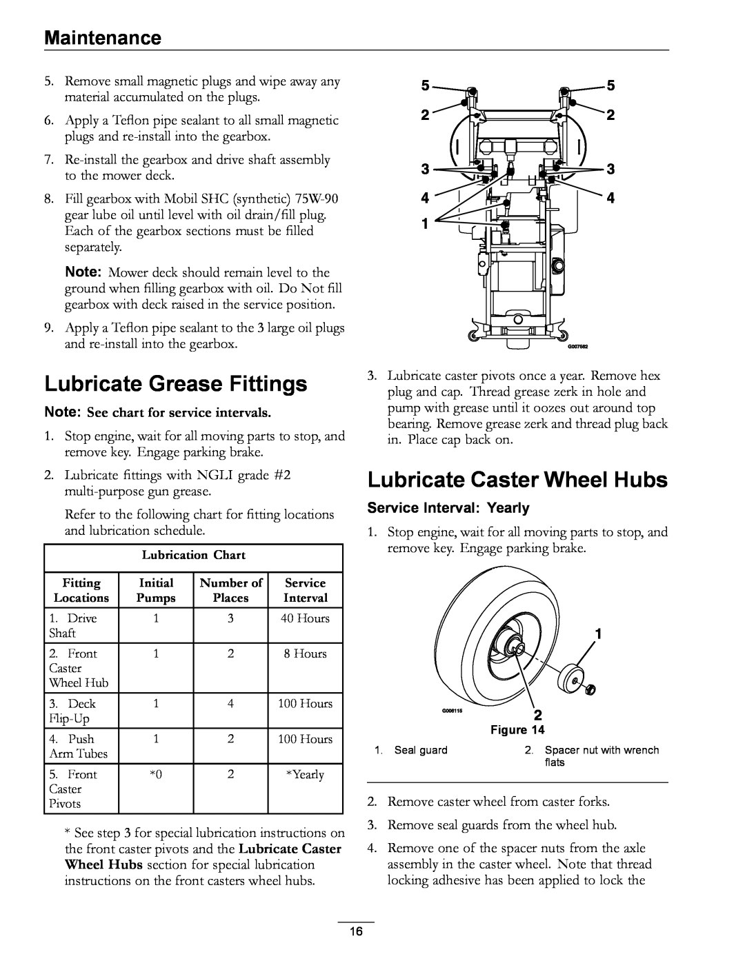 Exmark 4500-370 Lubricate Grease Fittings, Lubricate Caster Wheel Hubs, Note See chart for service intervals, Maintenance 