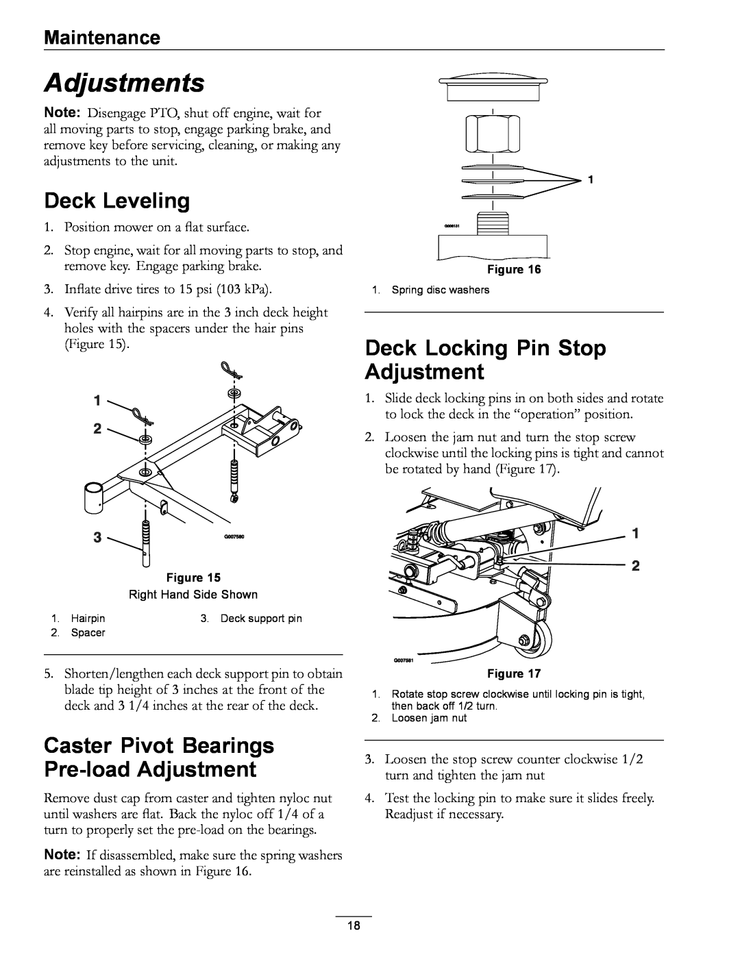 Exmark 4500-370 Adjustments, Deck Leveling, Deck Locking Pin Stop Adjustment, Caster Pivot Bearings Pre-loadAdjustment 