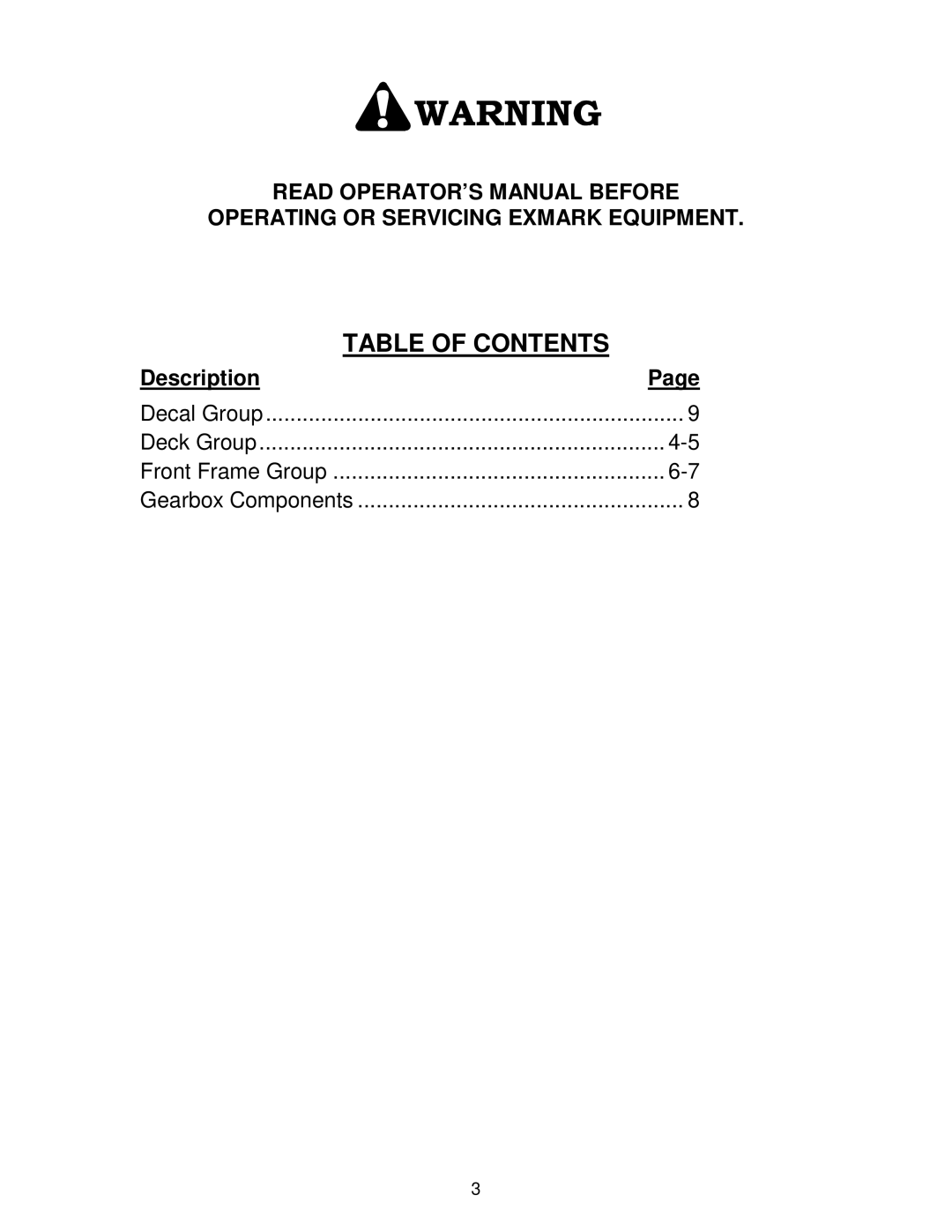 Exmark 4500-371 manual Table of Contents 