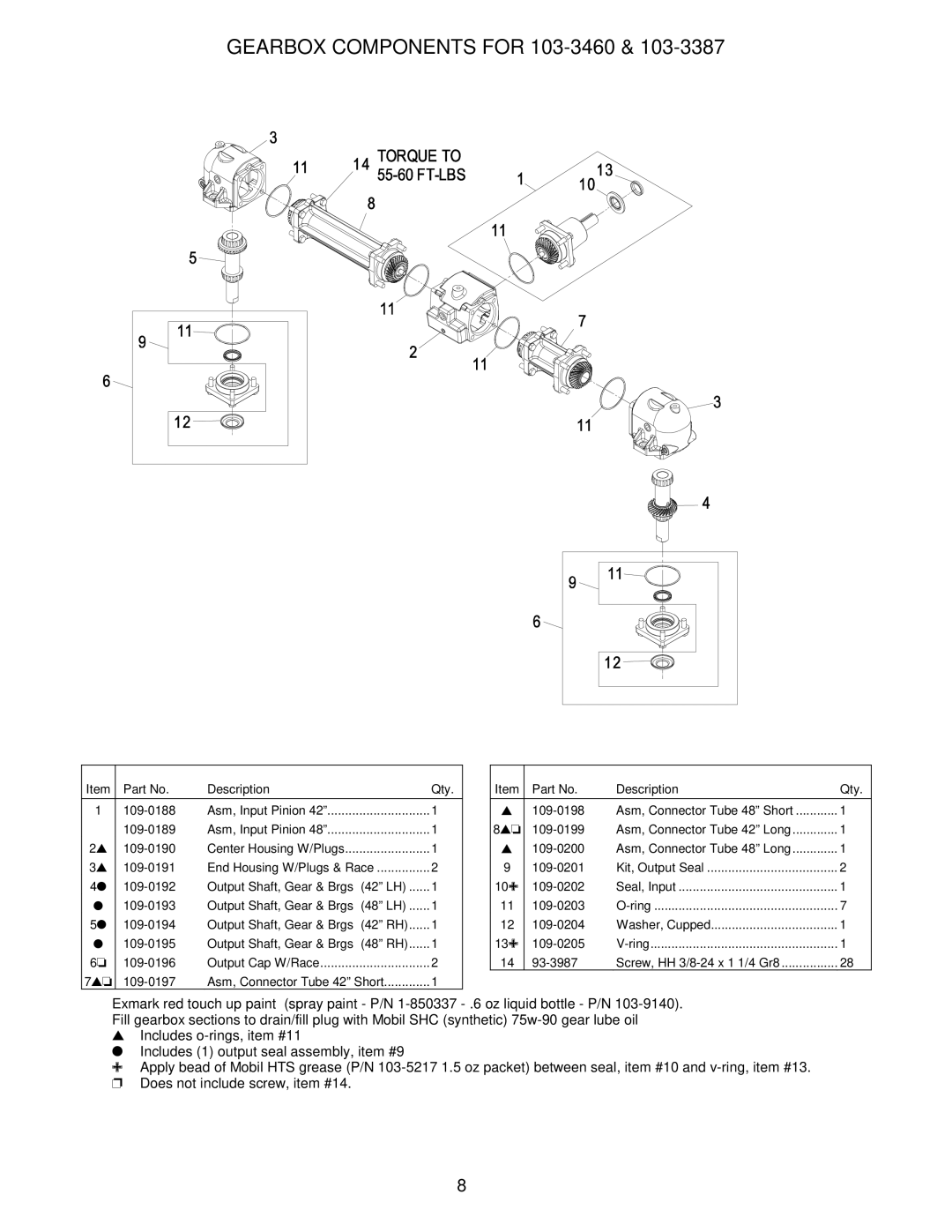 Exmark 4500-371 manual Gearbox Components for 103-3460 