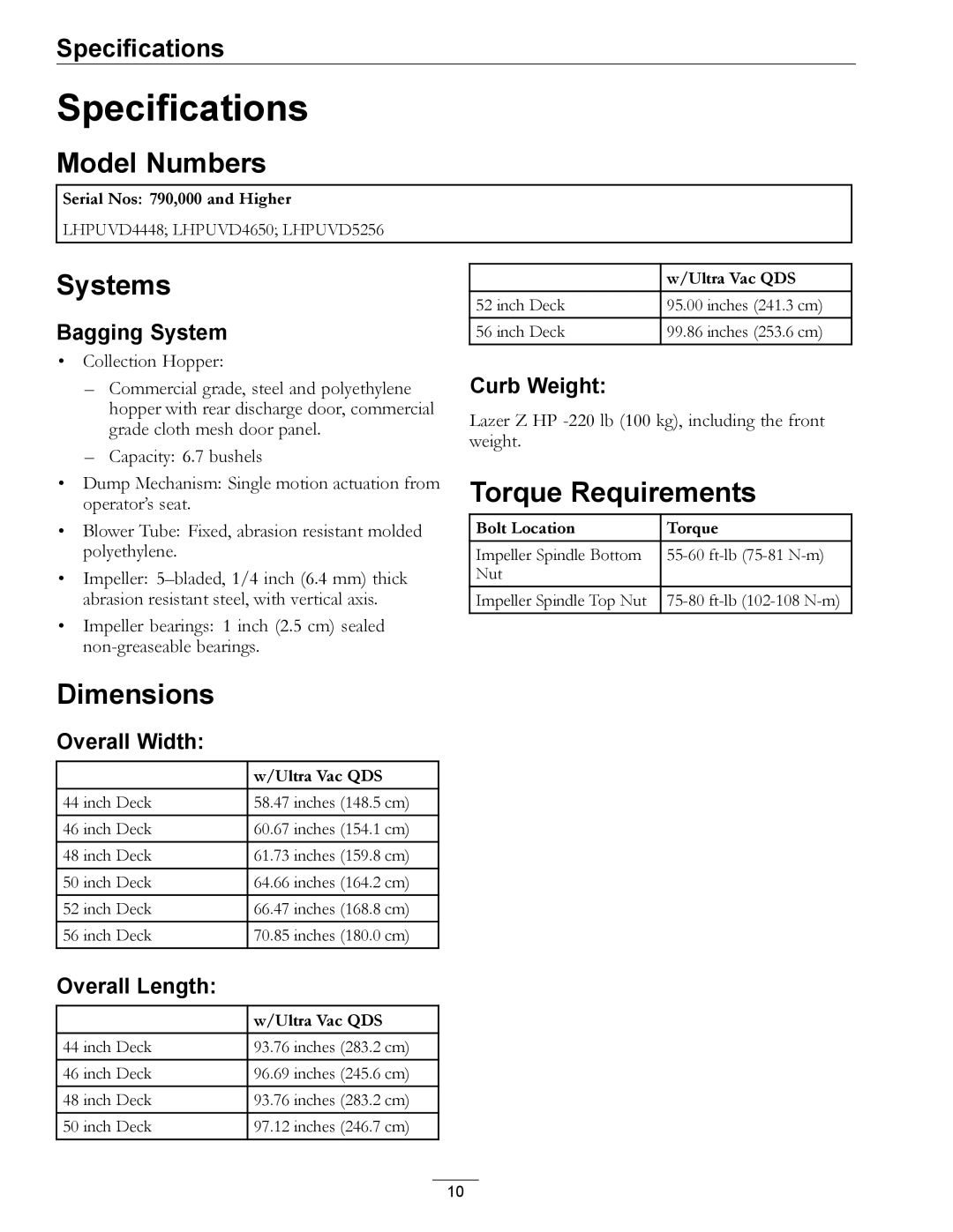 Exmark 4500-420, QDS manual Specifications, Model Numbers, Systems, Torque Requirements, Dimensions 