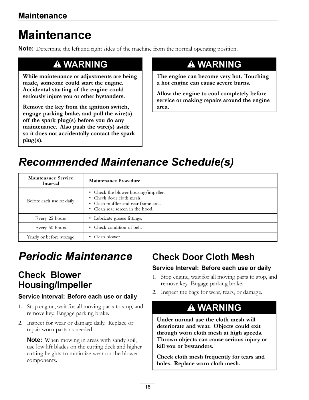 Exmark 4500-420, QDS manual Maintenance, Check Blower Housing/Impeller, Check Door Cloth Mesh 