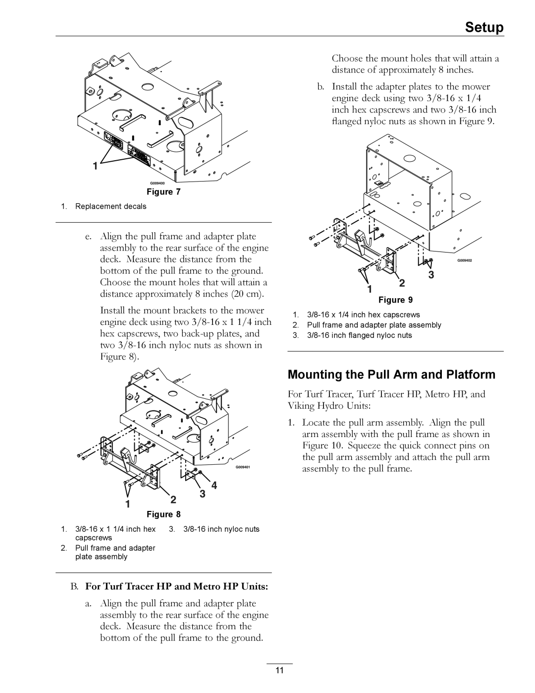 Exmark 4500-435 manual Mounting the Pull Arm and Platform, For Turf Tracer HP and Metro HP Units 