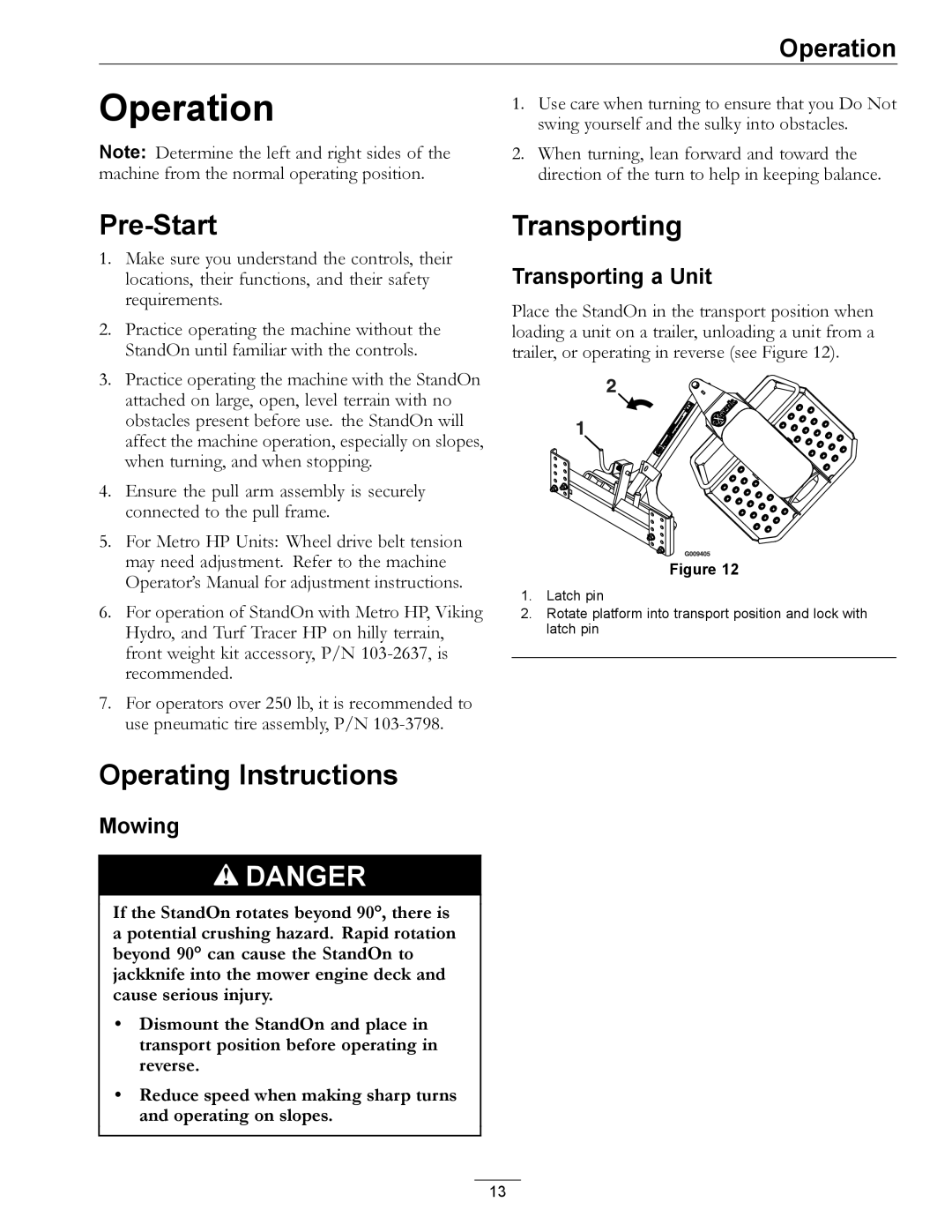 Exmark 4500-435 manual Operation, Pre-Start, Operating Instructions, Transporting 