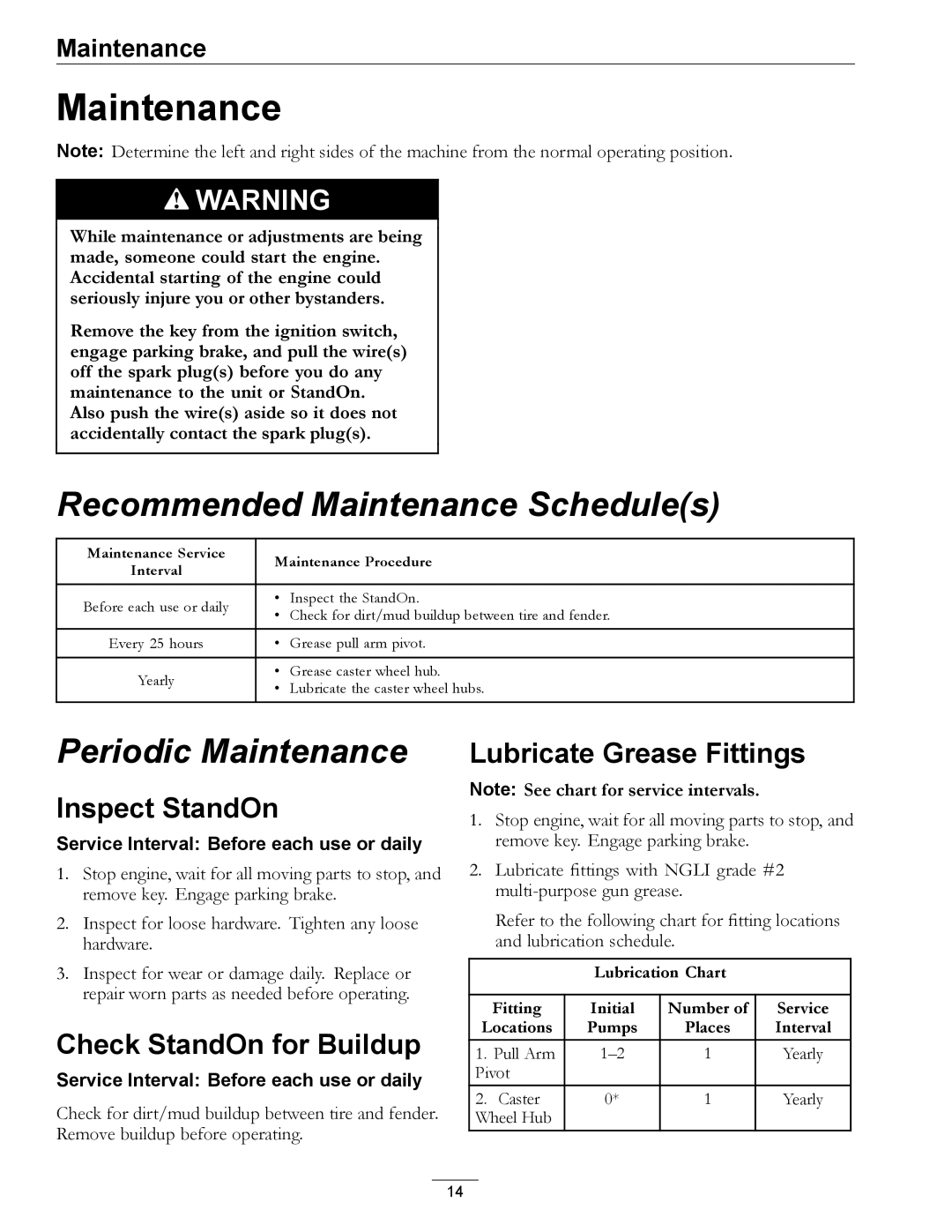 Exmark 4500-435 manual Maintenance, Inspect StandOn, Check StandOn for Buildup, Lubricate Grease Fittings 