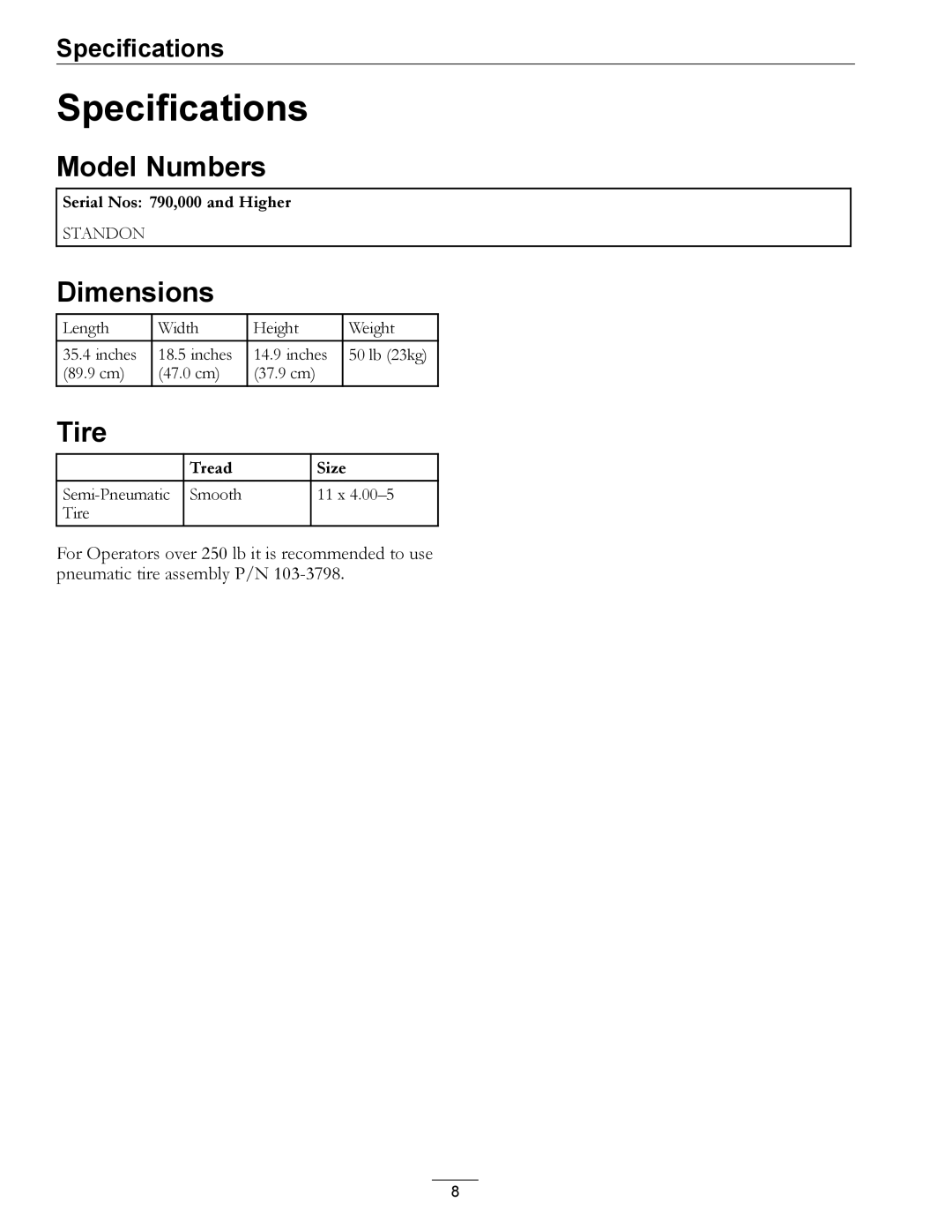 Exmark 4500-435 manual Specifications, Model Numbers, Dimensions, Tire 