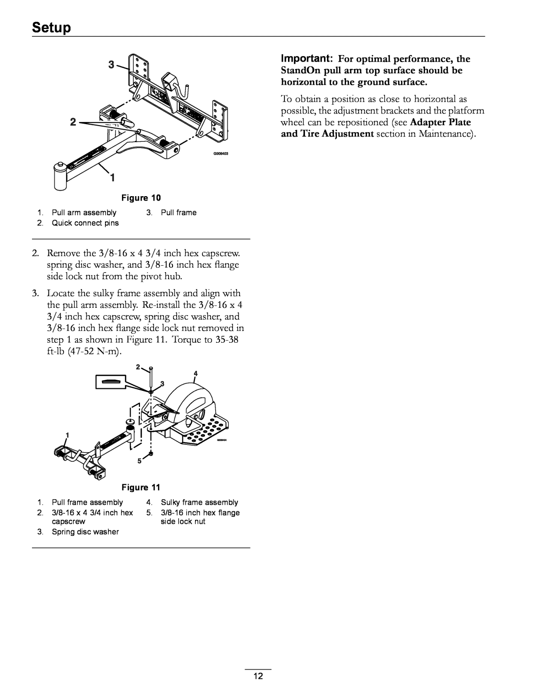 Exmark 4500-435 manual Setup, Pull arm assembly, Pull frame, Quick connect pins, Spring disc washer 