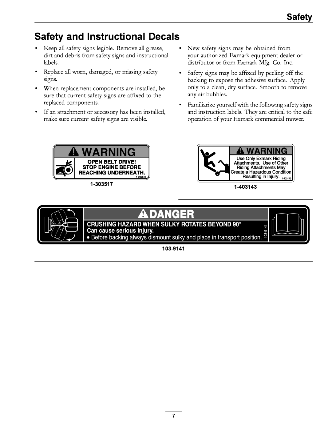 Exmark 4500-435 manual Safety and Instructional Decals 