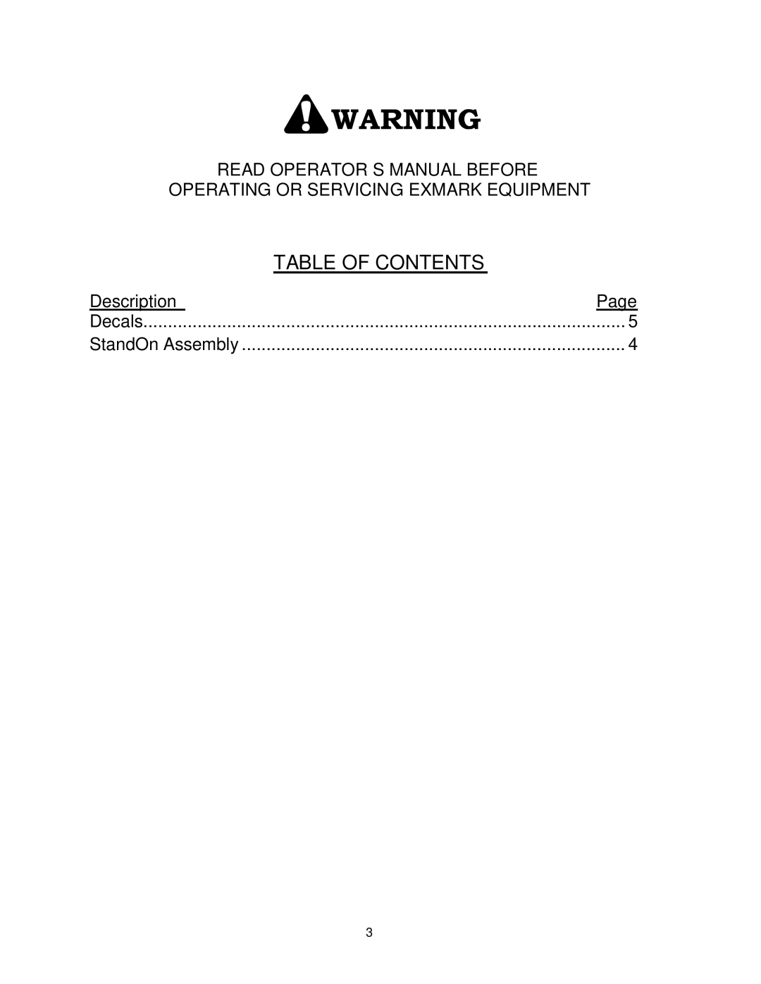 Exmark 4500-436 manual Table of Contents 