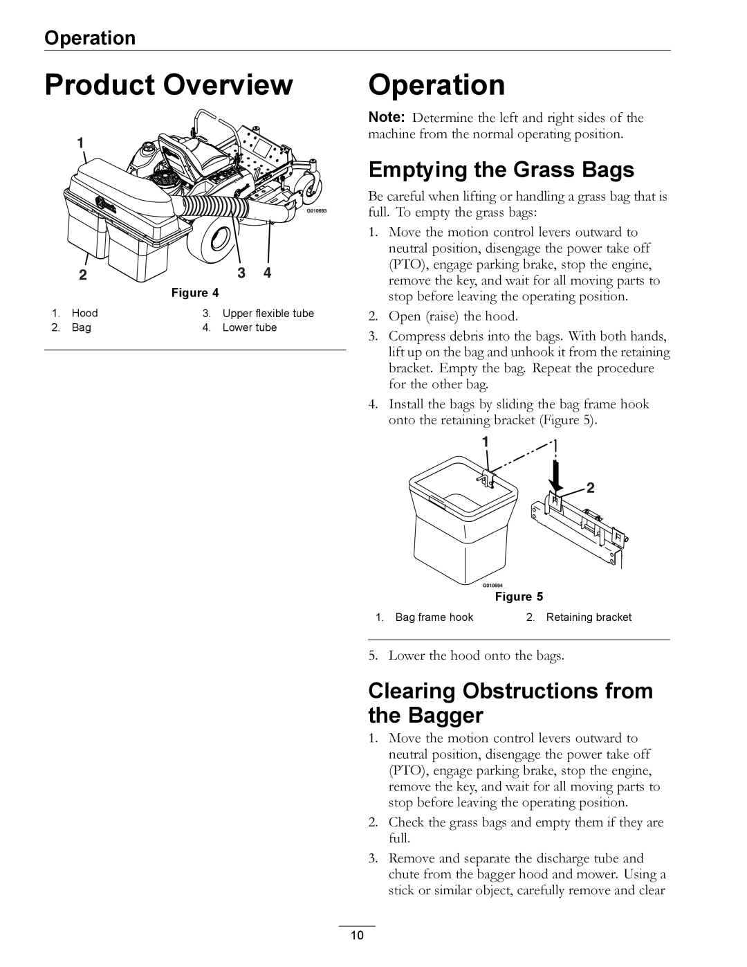 Exmark 4500-438 rev. a manual Product Overview, Operation, Emptying the Grass Bags, Clearing Obstructions from the Bagger 