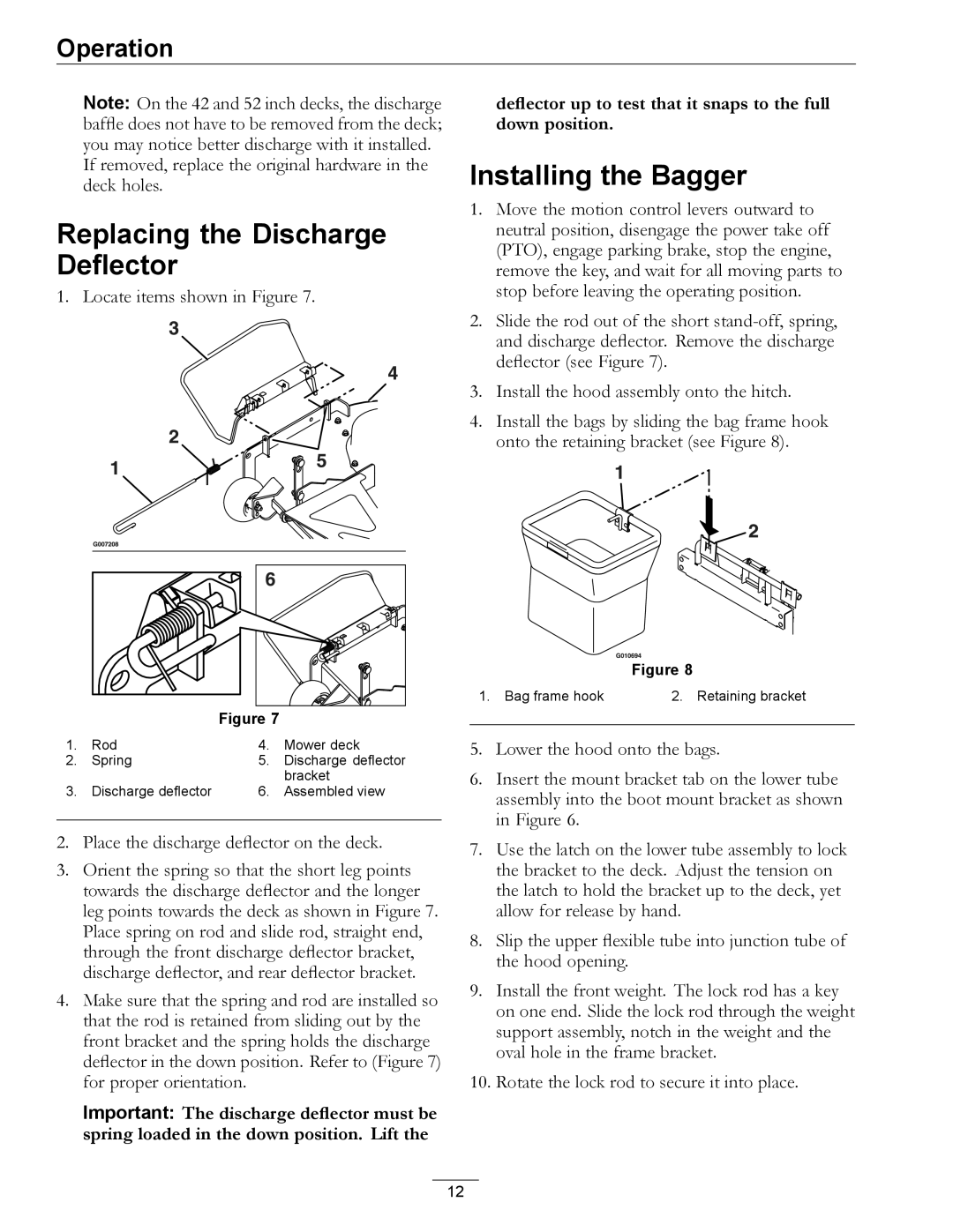 Exmark 4500-438 rev. a manual Replacing the Discharge Deflector, Installing the Bagger 