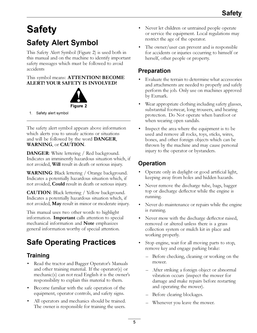 Exmark 4500-438 rev. a manual Safety Alert Symbol, Safe Operating Practices 