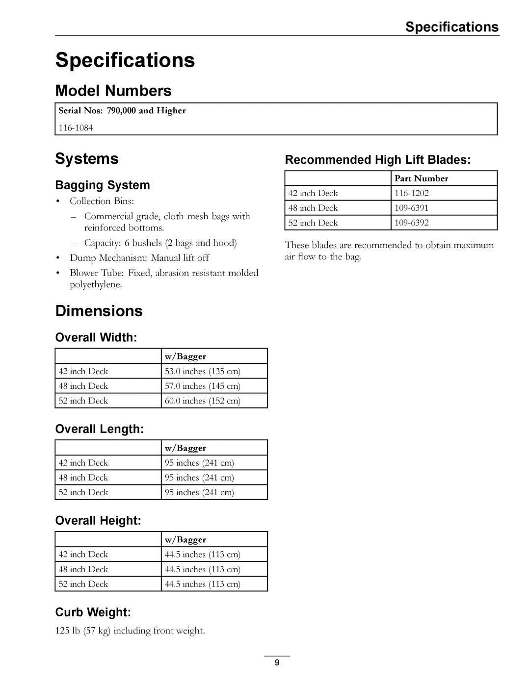 Exmark 4500-438 rev. a manual Specifications, Model Numbers, Systems, Dimensions 