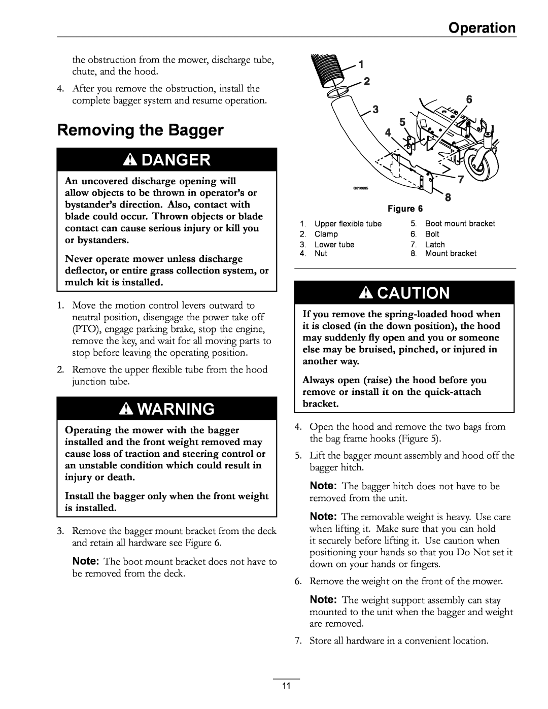 Exmark 4500-438 rev. a manual Removing the Bagger, Danger, Operation 