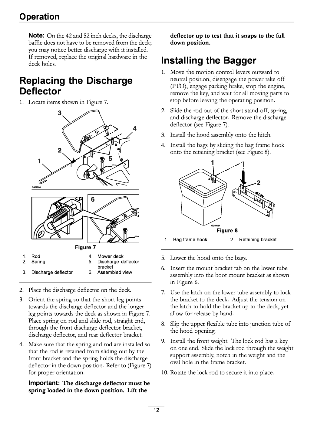 Exmark 4500-438 rev. a manual Replacing the Discharge Deflector, Installing the Bagger, Operation 
