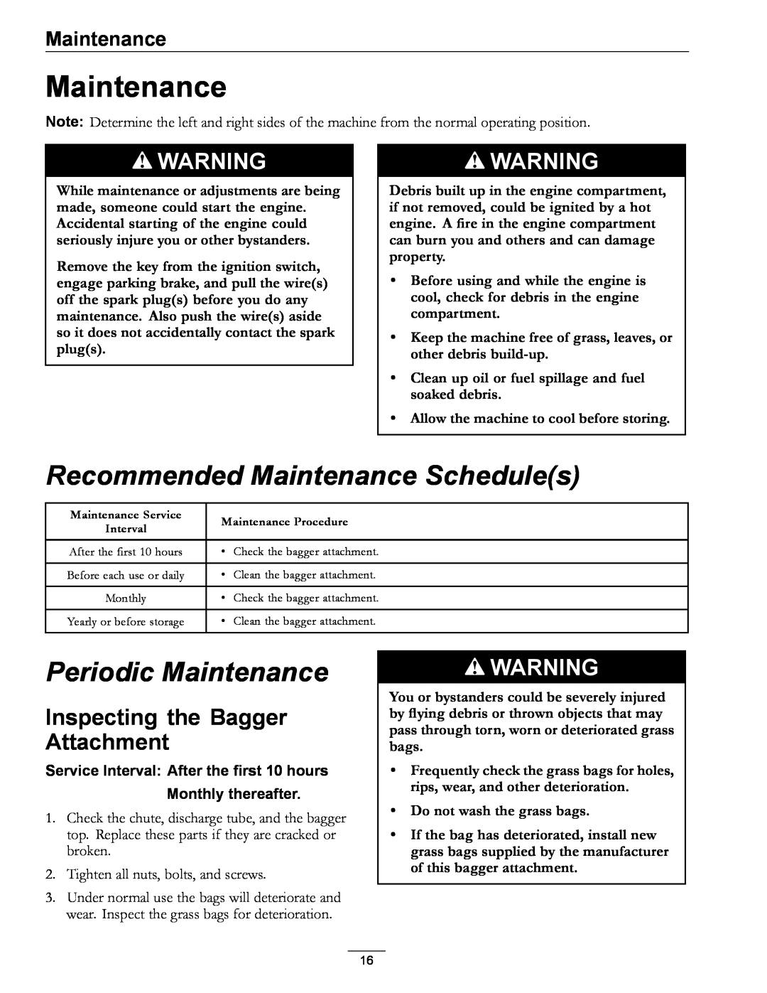 Exmark 4500-438 rev. a manual Recommended Maintenance Schedules, Periodic Maintenance, Inspecting the Bagger Attachment 