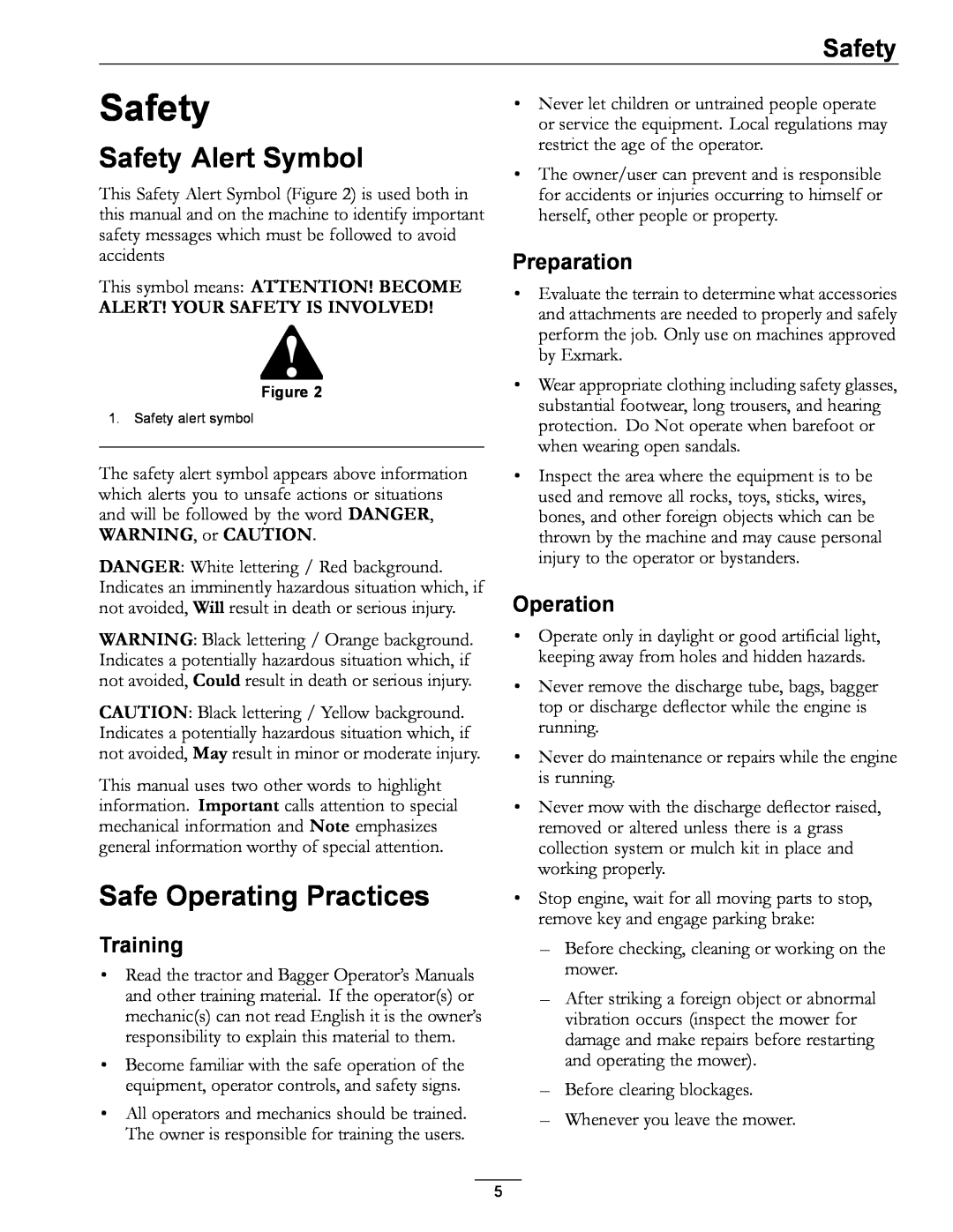 Exmark 4500-438 rev. a manual Safety Alert Symbol, Safe Operating Practices, Training, Preparation, Operation 
