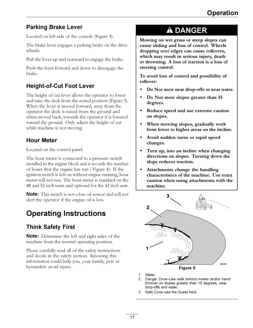 Exmark 4500-450 Operating Instructions, Parking Brake Lever, Height-of-Cut Foot Lever, Hour Meter, Think Safety First 