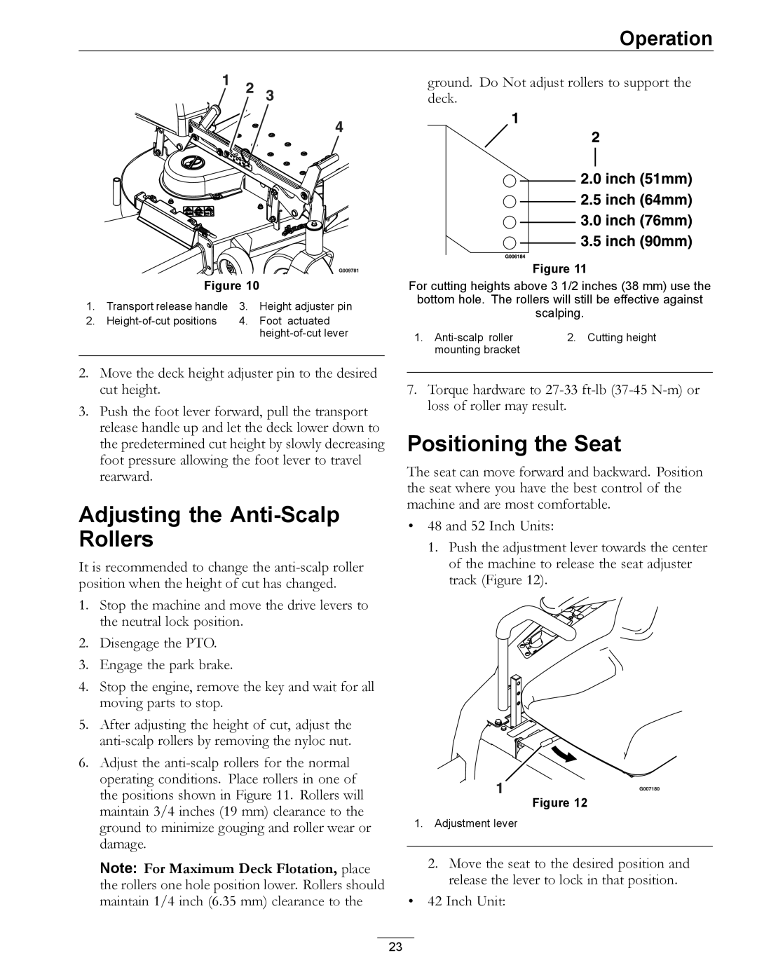 Exmark 4500-450 Adjusting the Anti-Scalp Rollers, Positioning the Seat, Ground. Do Not adjust rollers to support the deck 