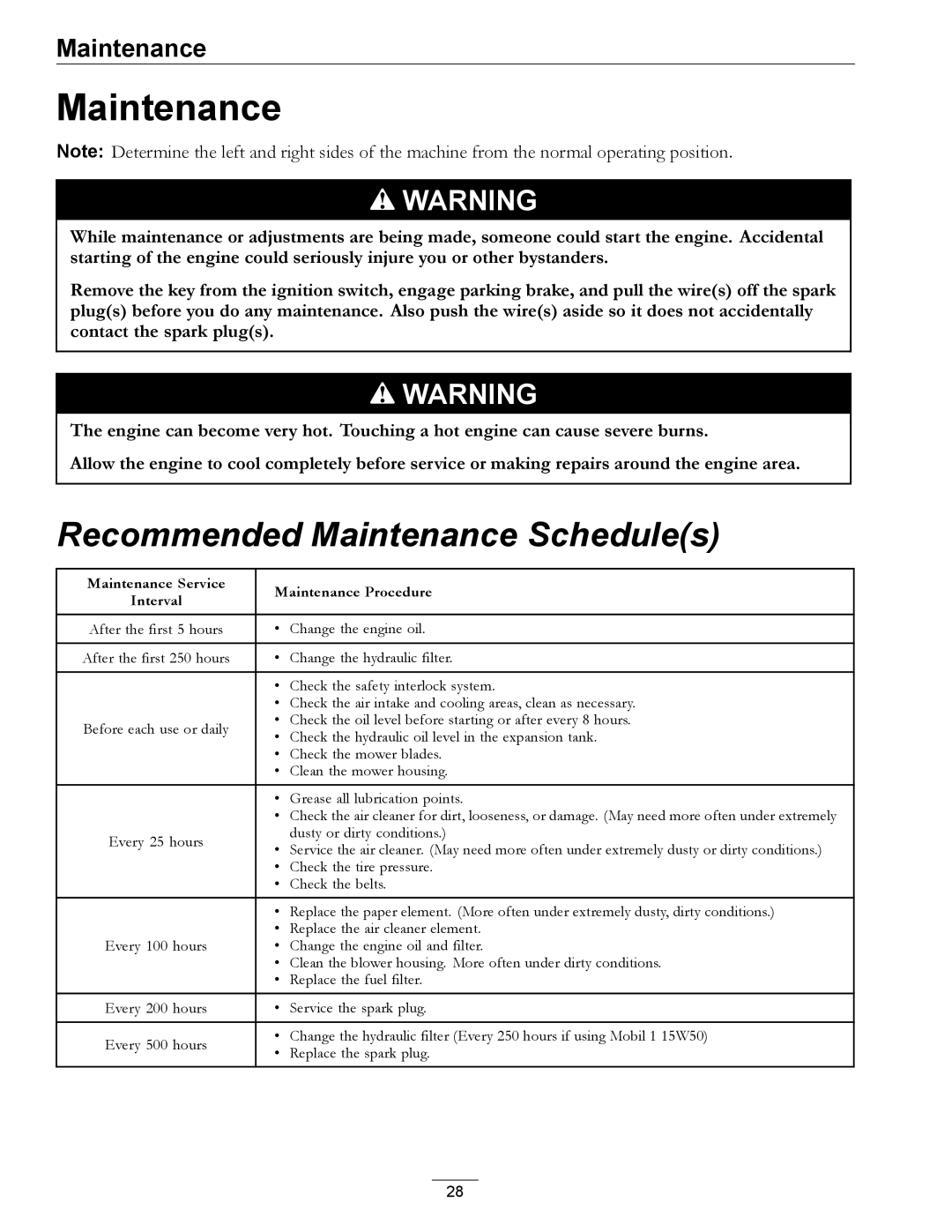 Exmark 4500-450 manual Recommended Maintenance Schedules 