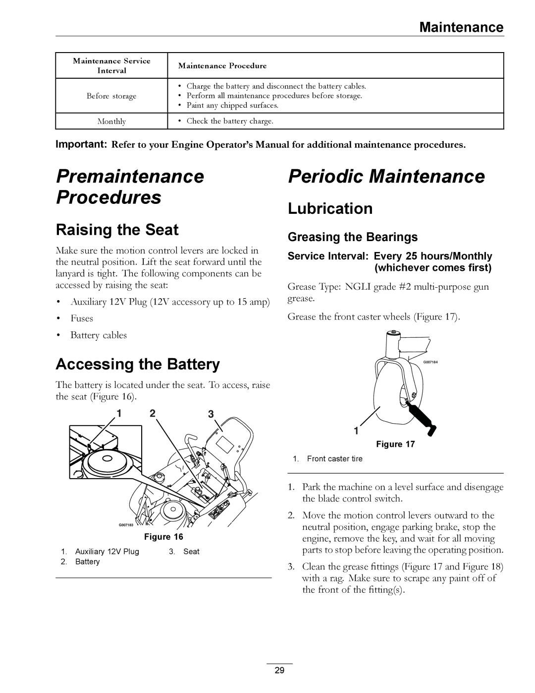 Exmark 4500-450 manual Raising the Seat, Accessing the Battery, Lubrication, Greasing the Bearings 